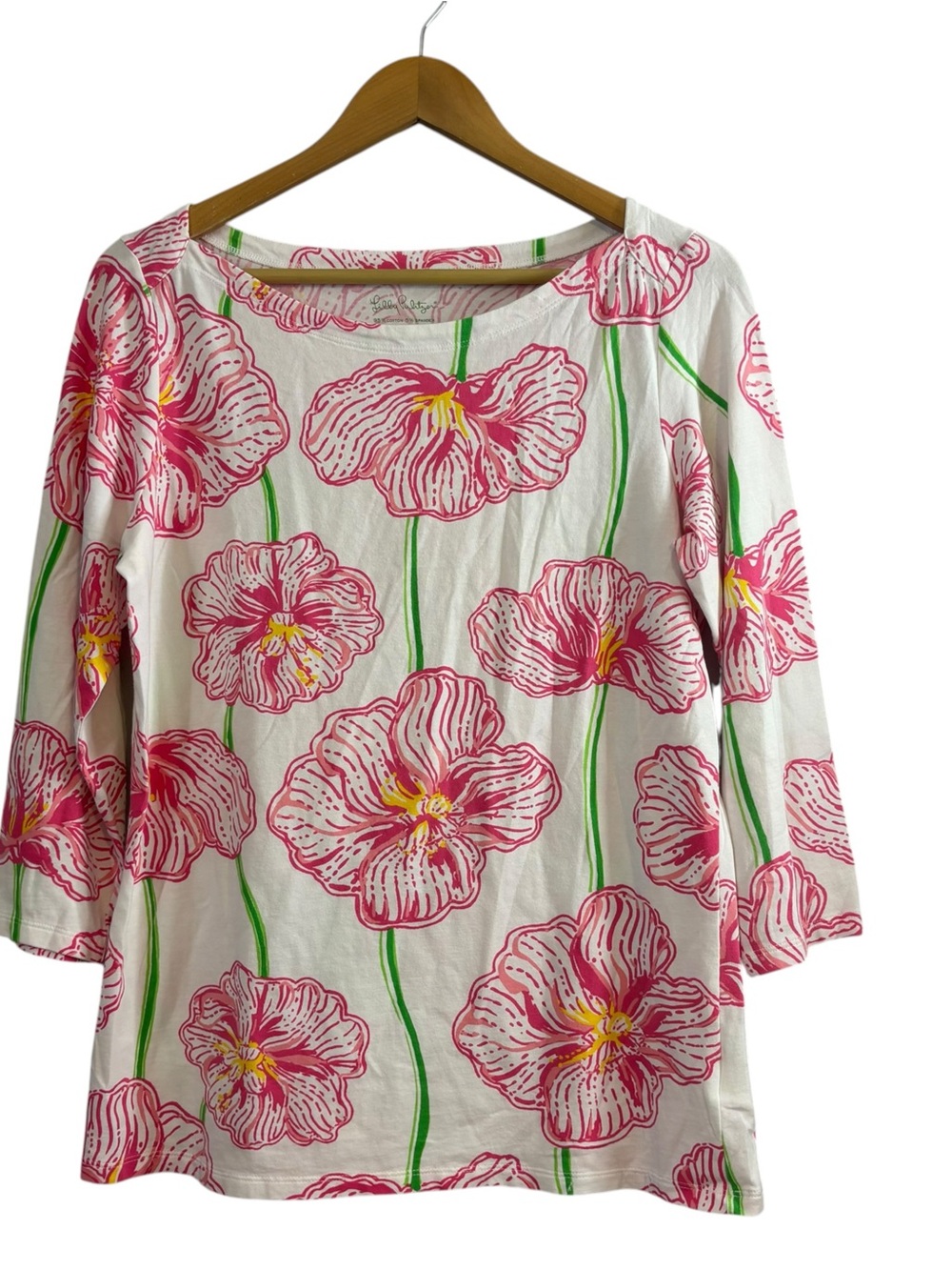 Lilly Pulitzer Alida Top Pink Poppy Floral 3/4 Sleeves Cotton  Women’s L